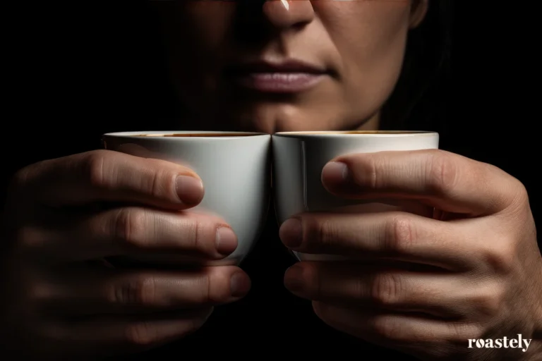 A woman holding two coffee cups in her hands, lungo coffee.